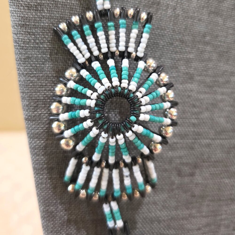 Vintage Squash Blossom Turquoise White Black Handmade Beaded Safety Pin Necklace - Picture 4 of 14